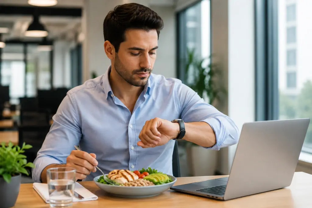 Balanced nutritious meal plate representing proper meal timing and portion awareness