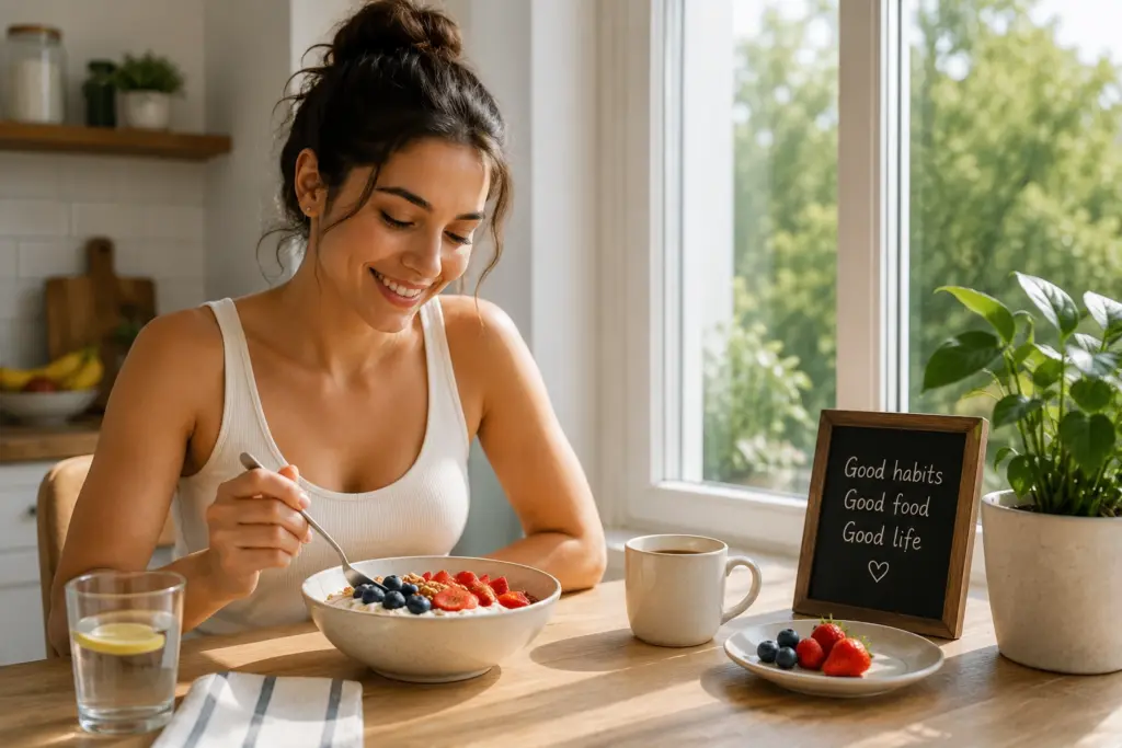 Person following a consistent meal schedule to manage appetite and hunger levels