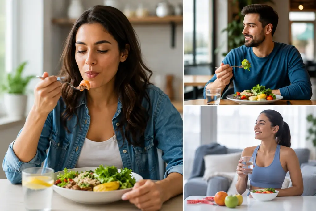 Person practicing mindful slow eating to recognize natural fullness signals