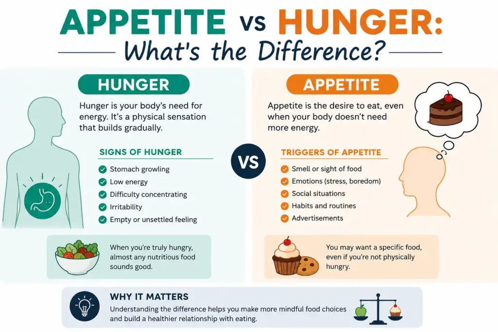 Person comparing appetite and physical hunger cues before a meal