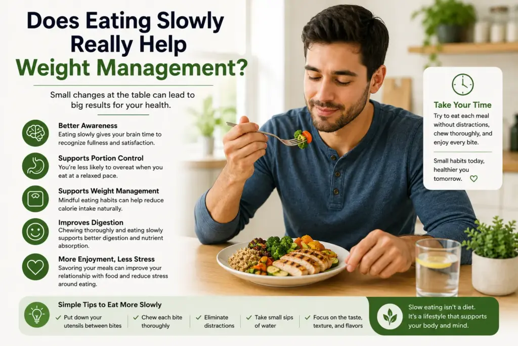 Person practicing mindful eating speed at a dining table