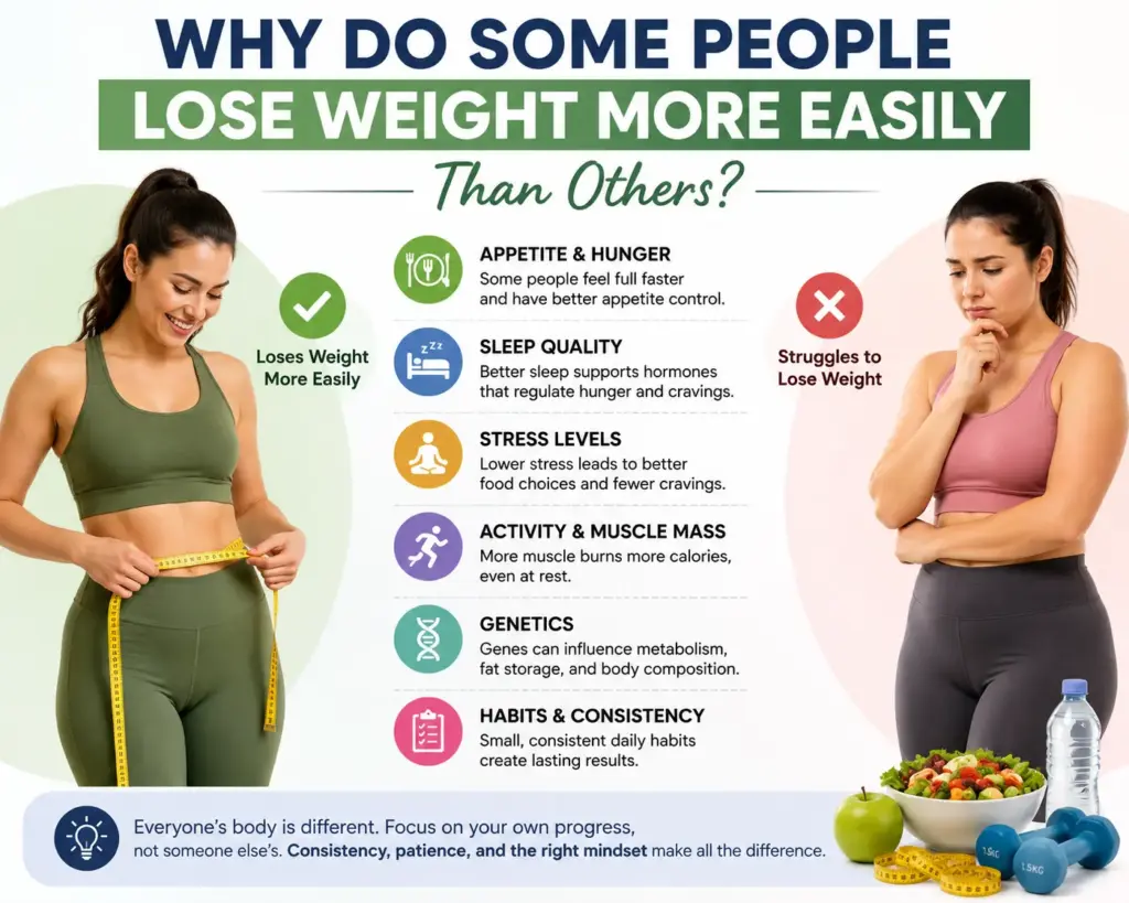 Person reflecting on individual weight loss progress and metabolism differences